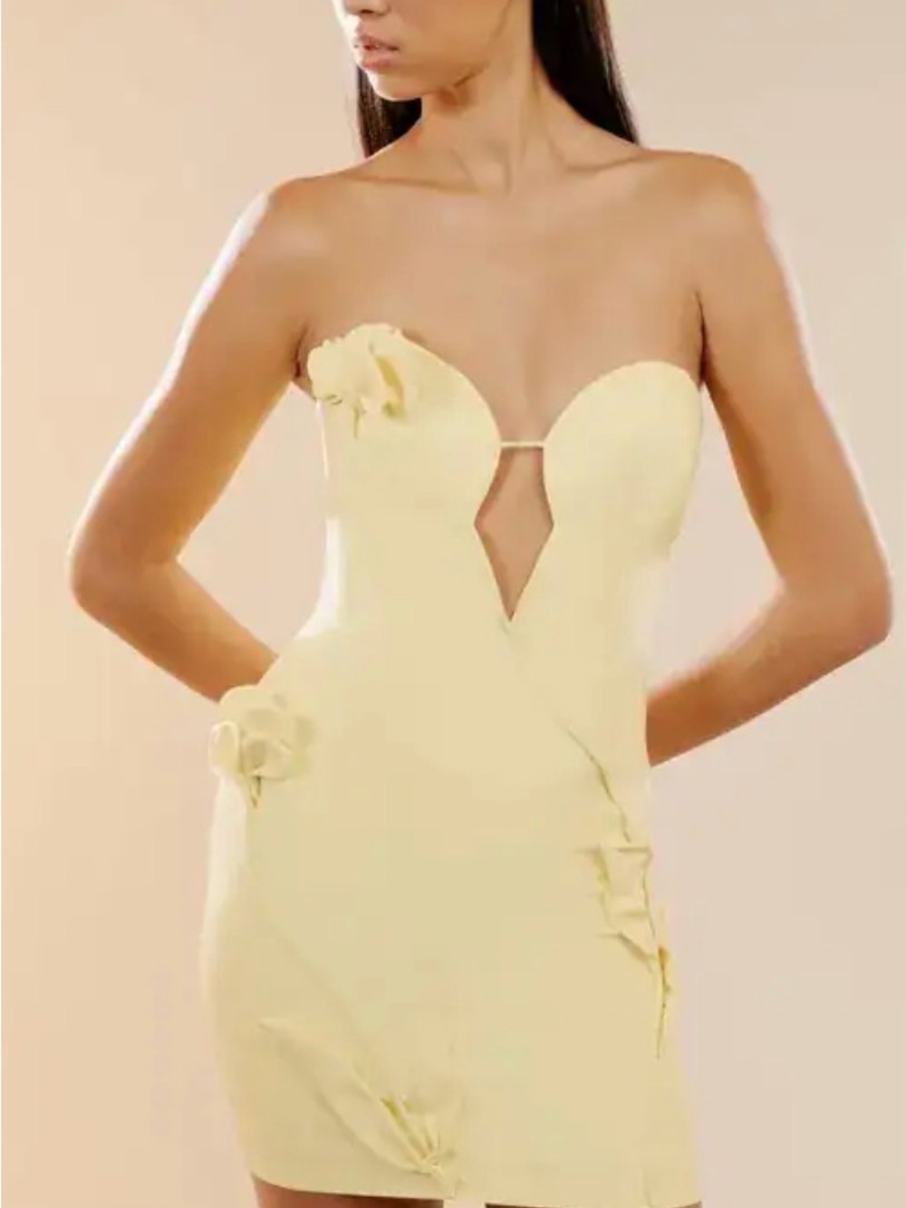 Bardot Strapless Pale Yellow Mini Dress with Floral Appliqué
